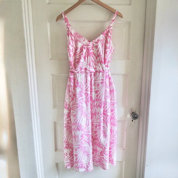 GAP Pink & White Leaf Print V Neck Sun Dress Pink Palm M - Picture 4 of 10